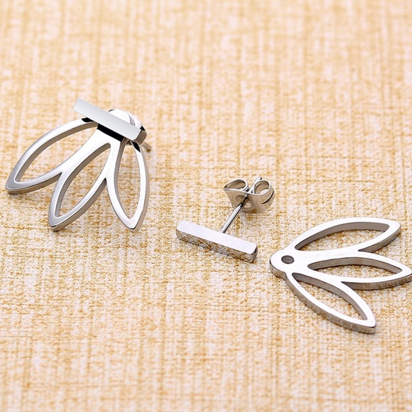 Silver Bar Stud w/Lotus Flower Jacket Earrings - Picture 5 of 8
